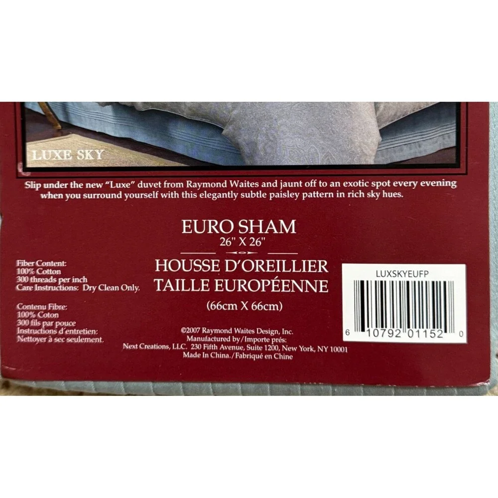 Raymond Waites Euro Sham Square Pillowcase Blue Pleat 100% Cotton 300 Thread NWT